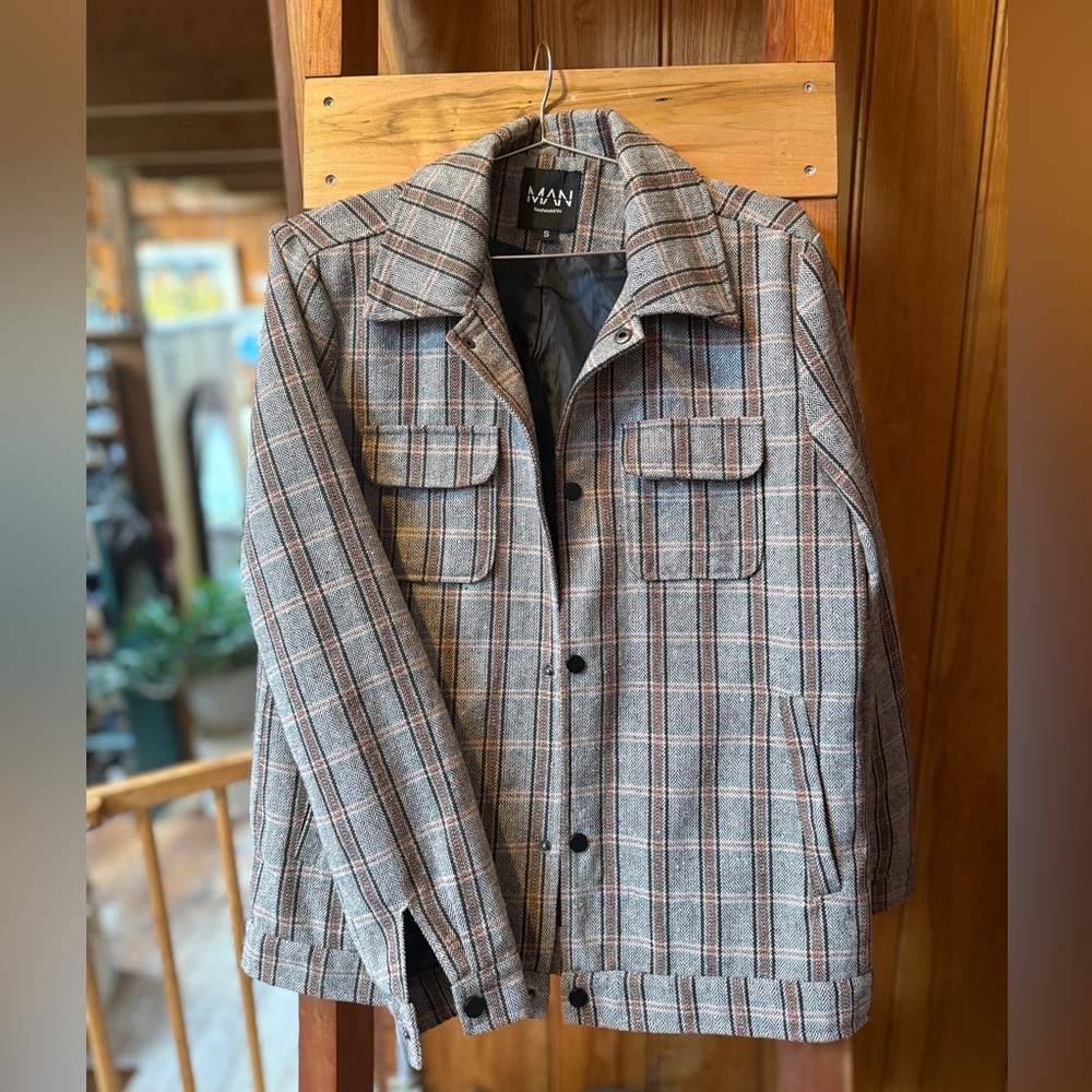 boohooMAN Plaid Harrington Shacket Glen Plaid Prince of Wales Check Herringbone